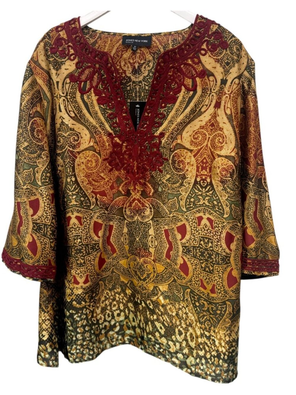 JONES New York Tunic Blouse Plus Size 2X Red Paisley Embroidered Satin Top NWT